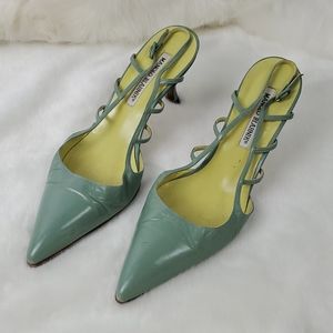 Manolo Blahnik green sling back shoes leather heel size 38
